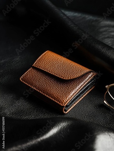 Small, brown leather wallet lying on a black leather surface. the wallet appears to be made of a textured leather material with a snake skin pattern.