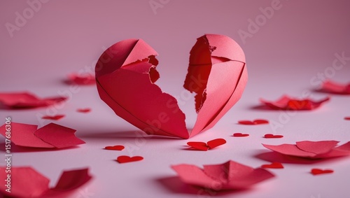 Red paper heart split into two parts on pastel pink background, symbolizing broken heart, top view, copy space photo