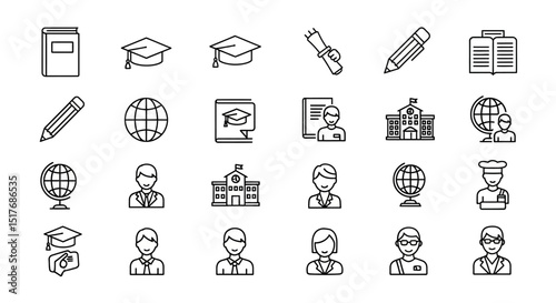 Education Icons School, Graduation, Globe, Student, and Book Illustrations