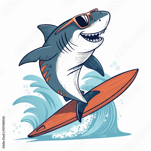 A cool, stylized cartoon shark wearing aviator sunglasses, confidently riding a surfboard, ocean backdrop.