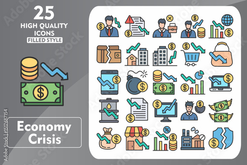 Economy Crisis Line Filled Icon Set. Incleded Icons Investor, Document, Job Reduction, Economist, Recession, Wallet, Real Estate, Office. Vector Icons Collection