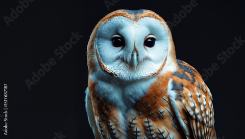 Close-up portrait of a barn owl, Tyto alba, set against a black background highlighting its features.