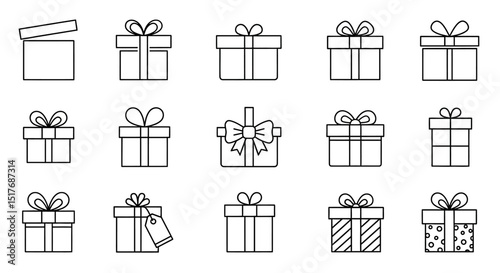 Collection of Line Art Gift Box Icons  Perfect for Packaging, Wrapping, and Holiday Designs