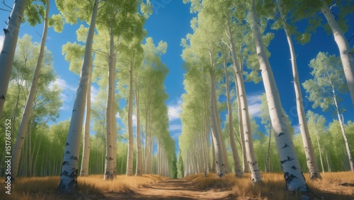 Aspen trees and forest landscape in summer morning at Snowmass Lake hike trail, Colorado National Forest with green mountain scenery