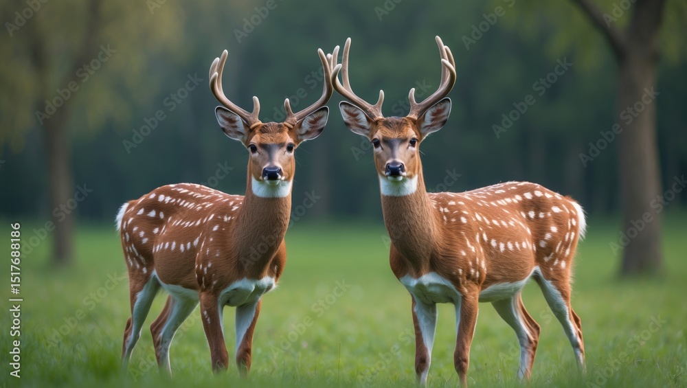 Obraz premium Majestic Summer Fallow Deer Pair Standing in Meadow with Antlers, Front View