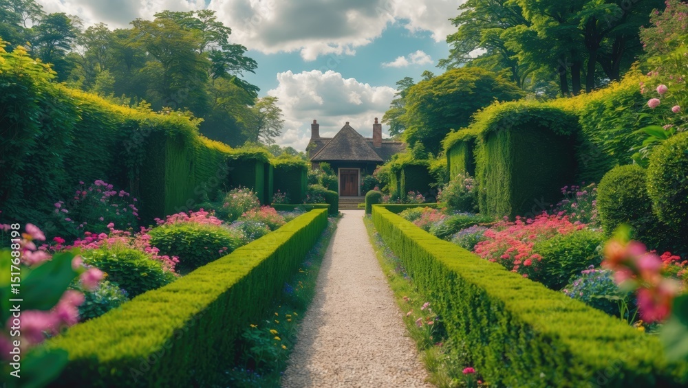 Fototapeta premium Vivid landscape scene showcasing a lush garden with mowed grass, vibrant flowerbeds, and leafy shrubs in an outdoor English style environment