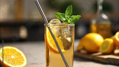 Refreshing iced mint lemonade in tall glass with condensation and fresh lemon slices, basking in warm summer sunlight