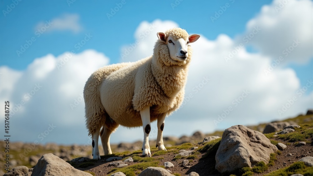 Fototapeta premium Cute sheep standing on green grass in Cusco, Peru