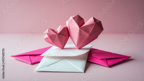 Red paper envelope with white space and pink origami hearts for Valentine's Day card.