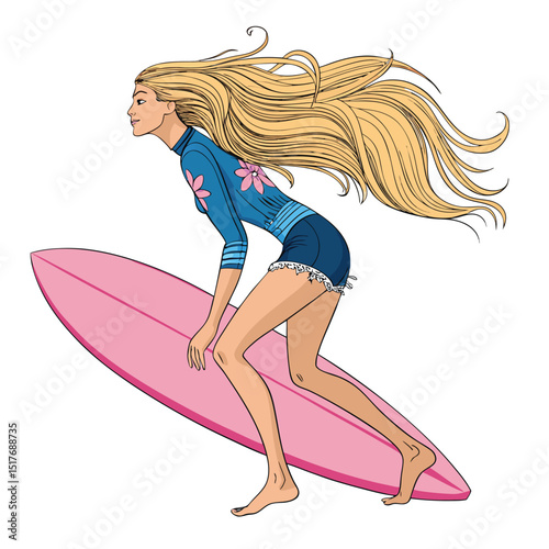 A vibrant surfer girl with long, flowing brown hair effortlessly rides a bright pink surfboard, ocean spray around her.