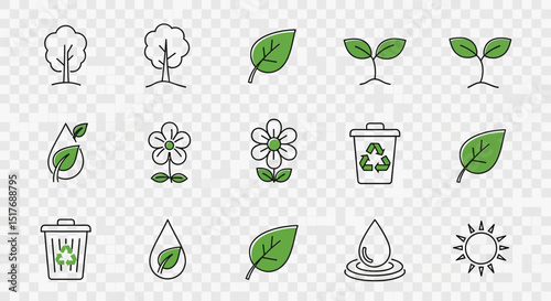 Green Ecology Icons Leaf, Tree, Flower, Recycle, Water, Sun - Vector Illustration Set