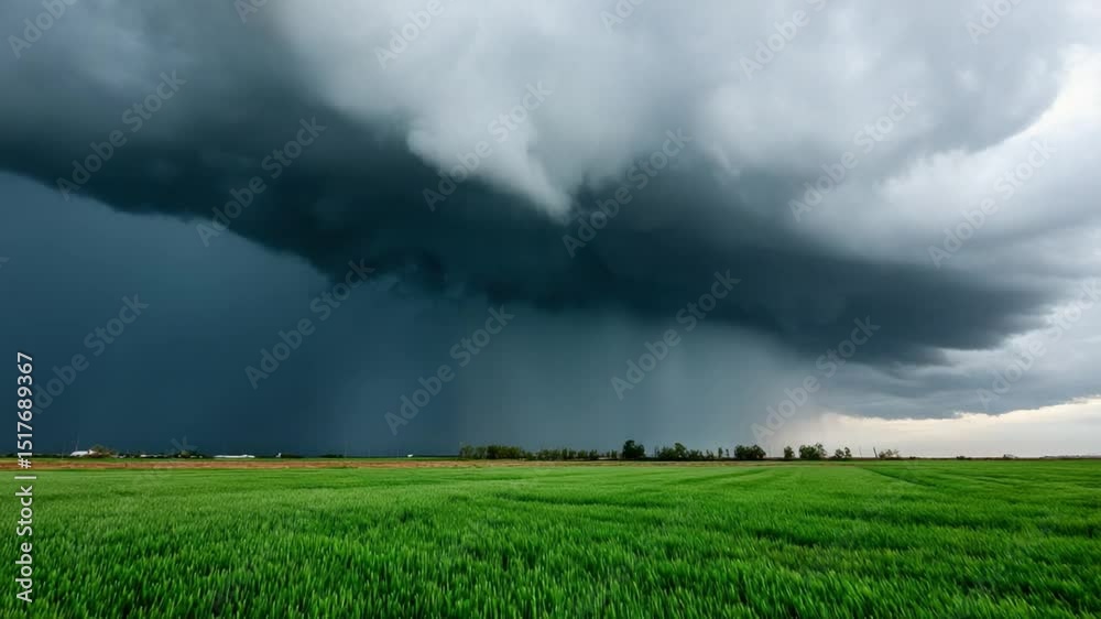 Dramatic Storm Over Lush Field: A powerful storm looms over a vibrant green field, its dark clouds casting a dramatic shadow, with the promise of a heavy downpour. Dramatic Storm Over Lush Field: A powerful storm looms over a vibrant green field, its dark clouds casting a dramatic shadow, with the promise of a heavy downpour.