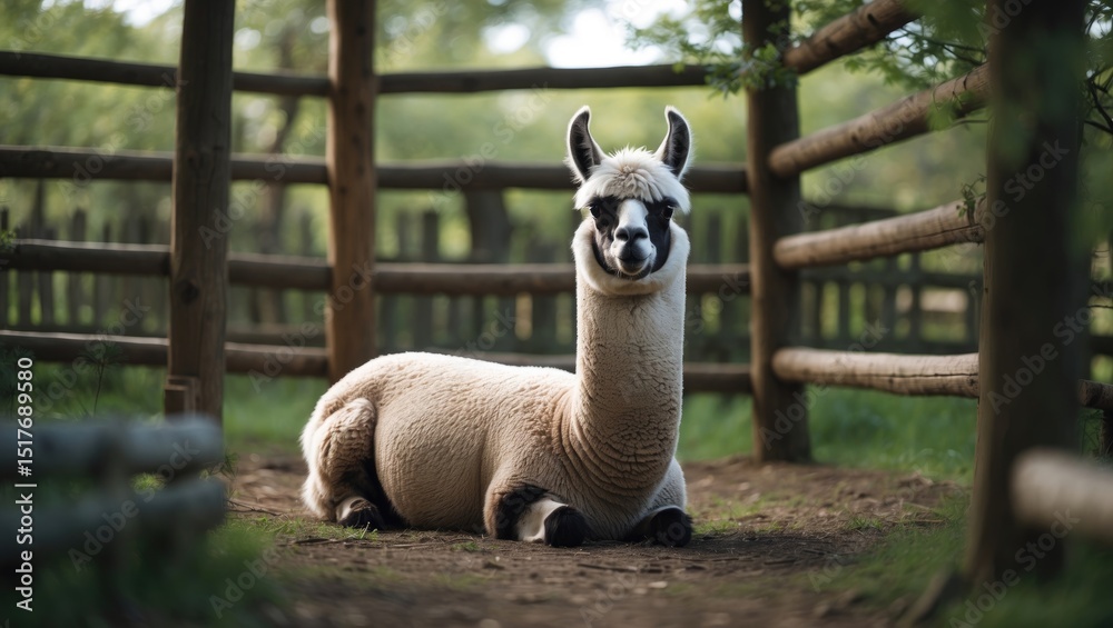 Obraz premium A peaceful llama resting in a rural outdoor enclosure amid spring foliage