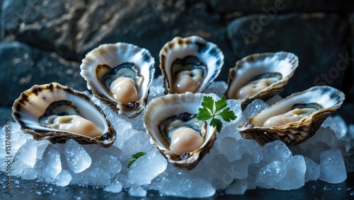 Open oysters Fines de Claire on a seafood flat lay with a textured background