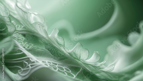 Blurred intricate lace overlay on sleek green satin fabric photo