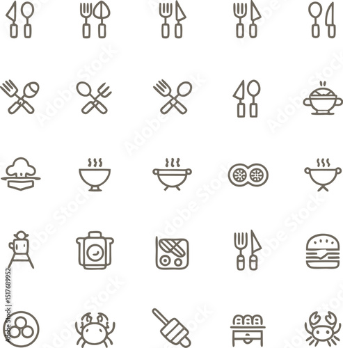 Collection of Minimalist Line Art Icons Related to Food Cooking and Dining