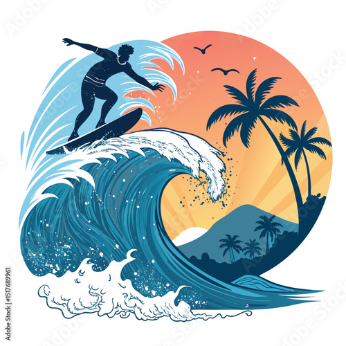 Epic surfer conquering a colossal wave during a vibrant tropical sunset; dramatic lighting, powerful ocean, skilled rider.