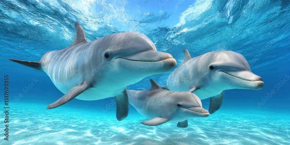 Naklejka premium Three dolphins swim together in clear blue ocean water, illuminated by sunlight.