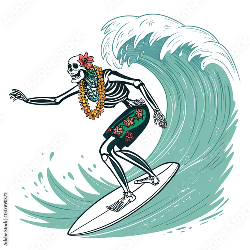 A grinning skeleton surfer, adorned with a vibrant flower lei, skillfully rides a massive wave.