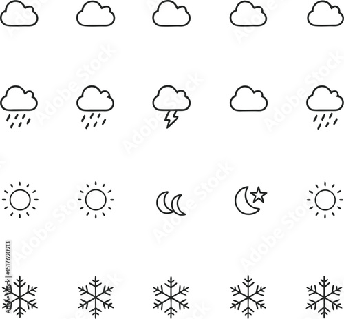 Weather Forecast Icons Clouds Rain Sun Moon and Snowflakes in Simple Line Art
