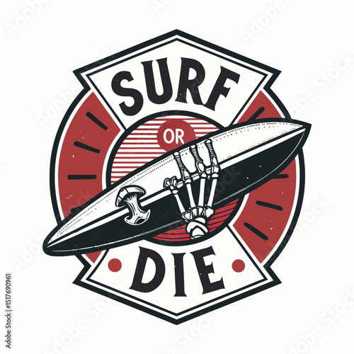 Design a surf-themed emblem featuring a skeleton hand gripping a surfboard, incorporating text "Surf or Die".  Aim for a vintage, slightly spooky aesthetic.