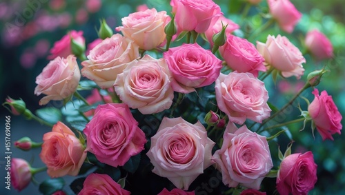 Summer Love: Romantic Garden Background with Pink Roses and Floral Blooms