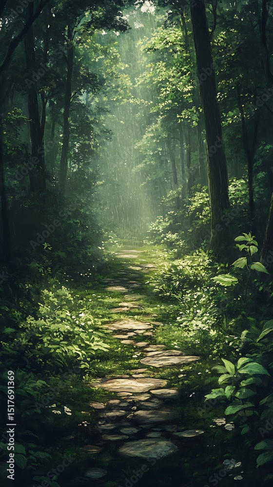 Fototapeta premium Sunlit woodland path: A tranquil journey through a vibrant, thriving ecosystem