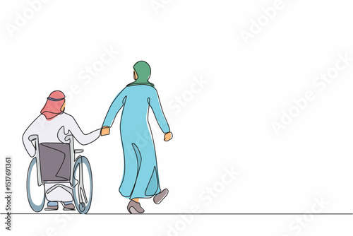 Single continuous line drawing back view Arab woman with her beloved disabled husband on wheelchair is taking stroll. Man with physical disability and his wife outdoors. One line graphic design vector