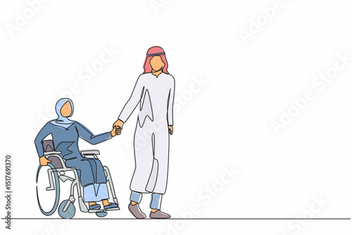 Single one line drawing Arabic husband walk the park with disabled wife, woman on wheelchair. Assistance in rehabilitation of disabled person. Lovely couple. Continuous line draw design graphic vector