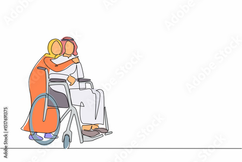 Single one line drawing Arabic man in wheelchair after car accident and his wife to give encouragement. Mutual care has made people with disabilities equality in society. Continuous line design vector