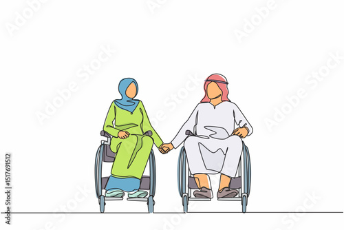 Continuous one line drawing disabled people on wheelchair living happy active lifestyle concept. Disabled Arab couple man woman in wheelchair sitting and holding hands. Single line draw design vector