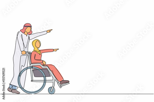 Single continuous line drawing happy Arabian wife have fun outdoor, pointing at park with husband. Caregiver man pushing woman on wheelchair, enjoy health care activity. One line graphic design vector