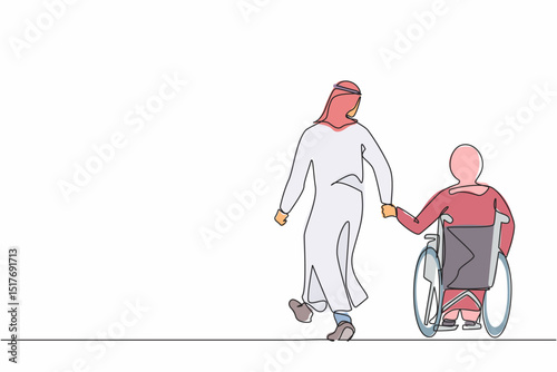 Single continuous line drawing back view Arab man with his beloved disabled wife on wheelchair is taking stroll. Woman with physical disability and her husband outdoors. One line graphic design vector