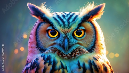 Night-time owl with keen eyes perched on a branch