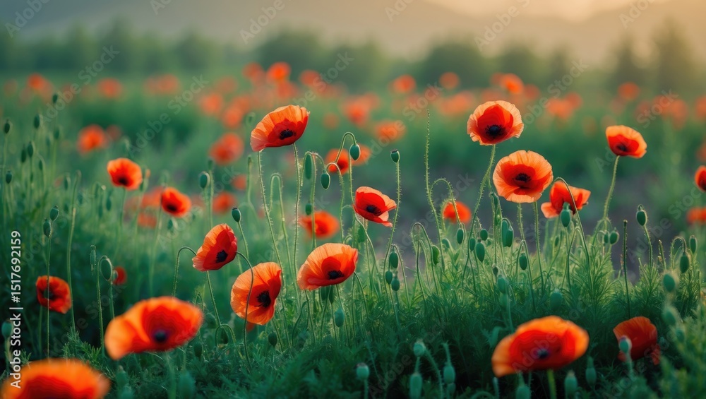 Obraz premium Beautiful Wildflower Meadow Featuring Red Poppies and Lush Nature