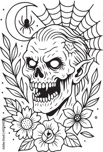 Tattoo Style Coloring Page for Adults –Printable Intricate Line Art for Relaxation, Stress Relief, and Mindful Coloring and Hobby Time