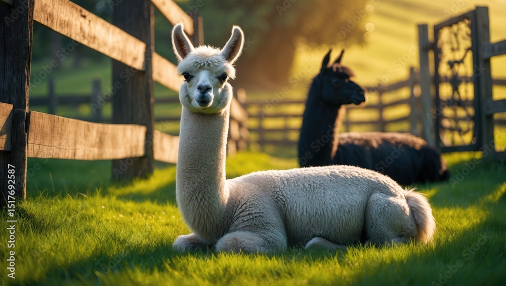 Fototapeta premium Black and white llama relaxing on a sunny day in a wooden enclosure