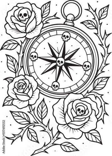 Tattoo Style Coloring Page for Adults –Printable Intricate Line Art for Relaxation, Stress Relief, and Mindful Coloring and Hobby Time