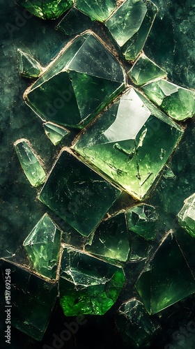 Emerald Symphony: A harmonious arrangement of green crystals with dynamic reflections