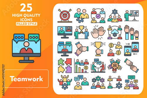 Teamwork Line Filled Icon Set. Incleded Icons Goal, United, Round Table, Help, Team Support, Discussion, Team Management. Vector Icons Collection