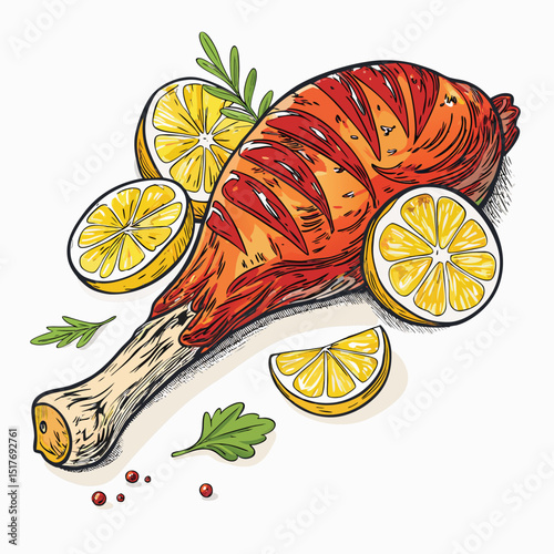 Close-up shot of a succulent tandoori chicken leg, exhibiting charred edges and glistening with oil, accompanied by a lemon wedge.