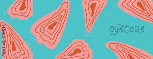 Pink oyster on blue background. Hand-drawn seafood banner for kitchen decor, packaging, menus, or textile prints. Fun and modern food illustration. Vector illustration