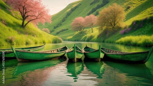 Scenic mooring of sampan boats in Ninh Binh, Vietnam's natural landscape