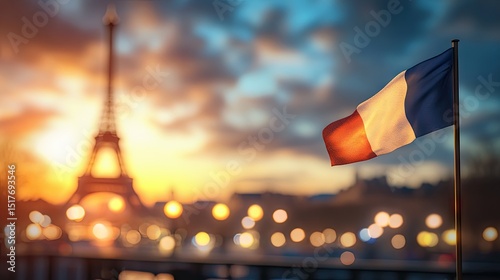 French flag waving over the eiffel tower at dawn.