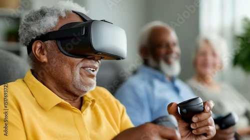 Joyful senior man wearing a virtual reality headset and controllers, experiencing immersive technology with friends.