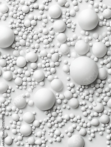 Close-up of a group of small, round, white spheres scattered on a white surface. the spheres are of different sizes and shapes, with some being larger and others smaller.