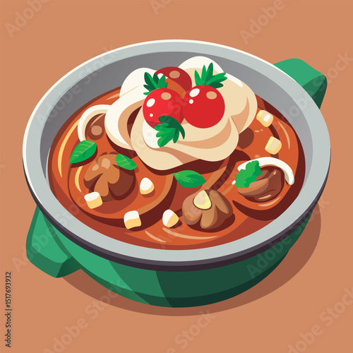 Hearty stew in a green bowl.