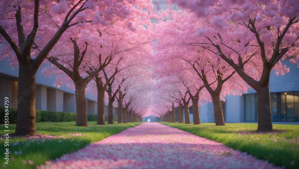 Naklejka premium A paved walkway adorned with blooming cherry blossom trees in full bloom, with pink petals covering the ground, representing spring renewal and beauty in Osaka, Japan, celebrating hanami tradition.