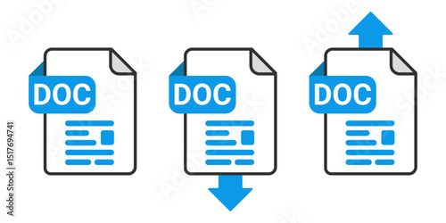 DOC File Download and Upload Icon Set with Blue Arrow Symbol on Transparent Background for Document Transfer, Data Sharing and Word File Exchange Vector Illustration