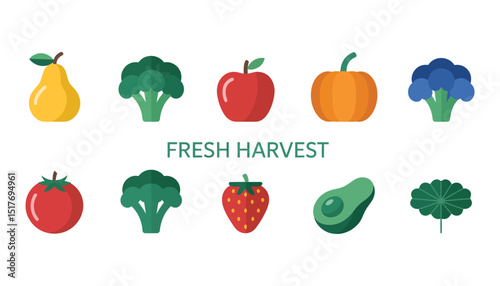 "Fresh Picks: 10 Flat Vector Icons of Fruits & Veggies"

